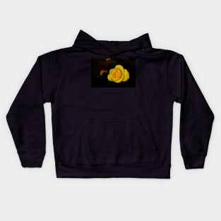 single yellow rose blossom with red center on black background Kids Hoodie